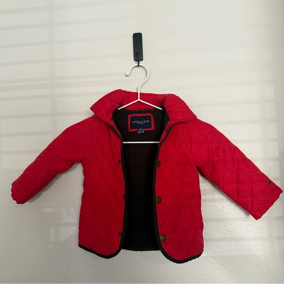 Toddler Girl London Fog Red Quilted Jacket with Hood, Holiday Red 24 months - Picture 3 of 9
